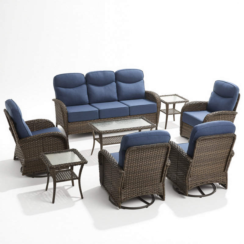 Luxury Outdoor Swivel Rocker Patio Chairs With 6-Inch Thick Cushions, High Back Swivel Glider Patio Chairs, 8PCS Wicker Outdoor Furniture Set For Porch, Patio, Yard, Deck, Poolside