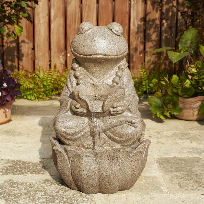 Fontaines d'extérieur avec lumières DEL - H 21,75 po grenouille de style zen en résine beige sable à 2 niveaux pour jardin et patio