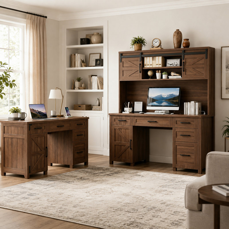 2‑Piece Farmhouse Computer Desk & Executive Desk Set,withCharging Station, Brown