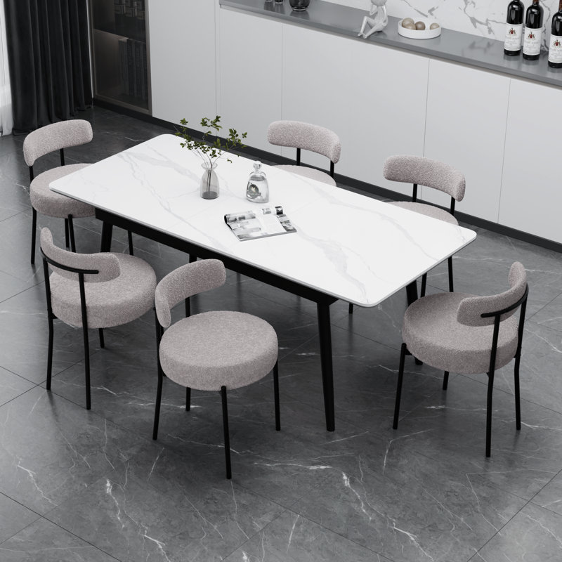 Boucle Dining Chairs Set of 6, Upholstered Dining Chairs with Black Metal Legs, Modern Dining Chair, Gray