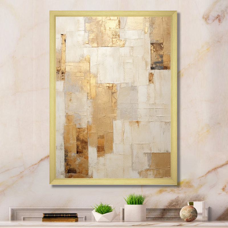 «Beige And Gold Dream Collage I», formes abstraites, art mural, Cadre simple noir, Doré, H 32 po x l 24 po
