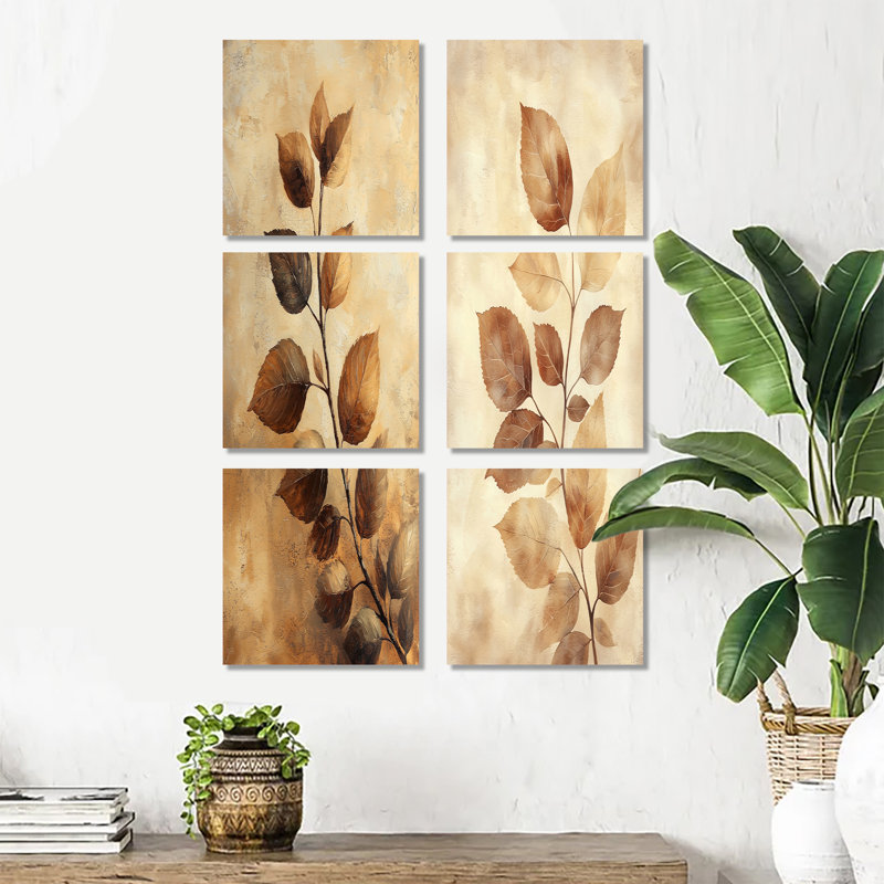 Feuilles de sépia brun délavé - ensemble de 6 impressions florales sur toile, Toile tendue, Ne s’applique pas