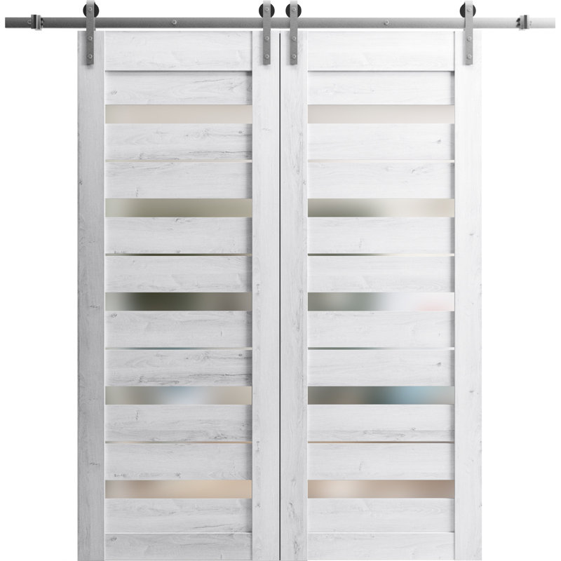 Porte de grange double robuste avec vitrage dépoli Quadro 4445 Blanc nordique, supports de rail de 4 m (13 pi), portes intérieures à panneaux pleins et lourds - 213 cm x 244 cm (84 po x 96 po) (2 x 107 cm x 244 cm) - Rail argenté
