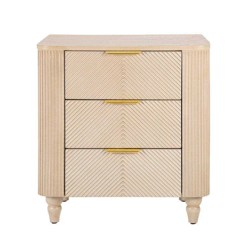 Emerson Fluted Wooden Nightstand With 3 Drawers & Gold Handles, Champagne