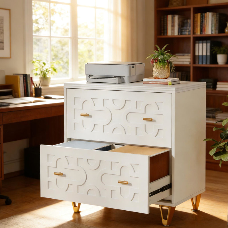 Classeur multifonctionnel blanc de bureau nordique, deux tiroirs, embouts et assemblage facile