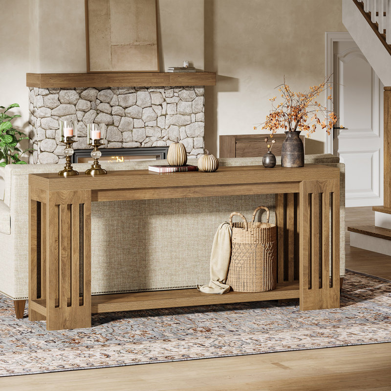 70.9'' Farmhouse Console Table with 2-Tier Storage, Light Brown