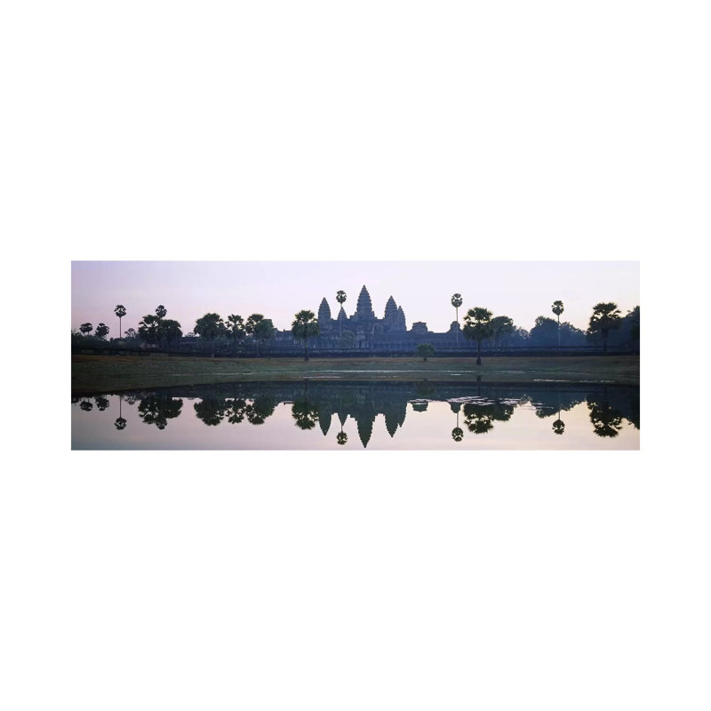 Reflection Of Temples And Palm Trees In A Lake, Angkor Wat, Cambodia - Wrapped Canvas Panoramic Print