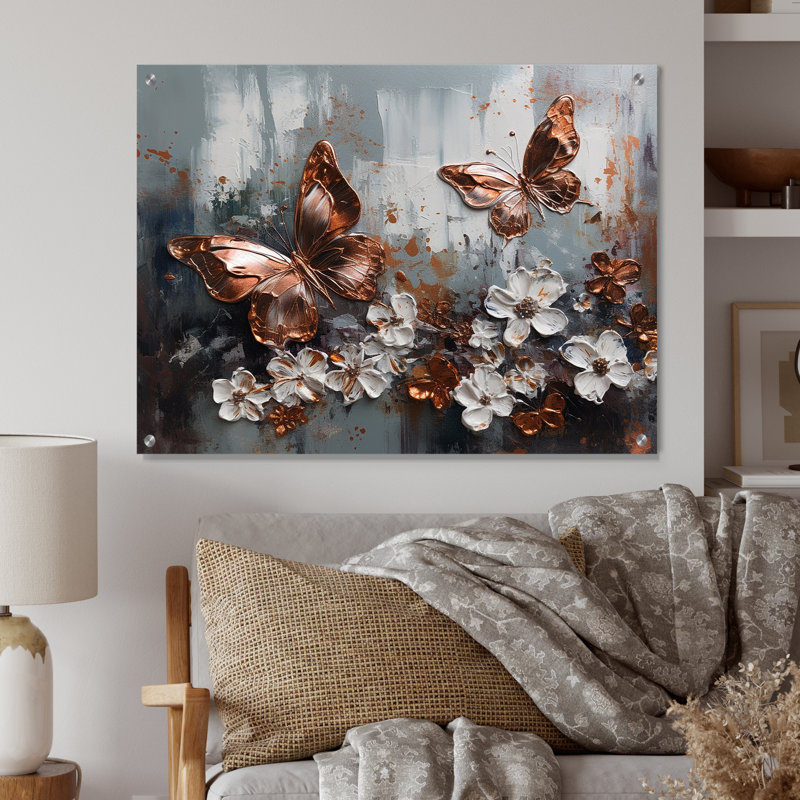 Or rose papillon, ailes et fleurs III - art mural floral acrylique, H 12 po x l 20 po