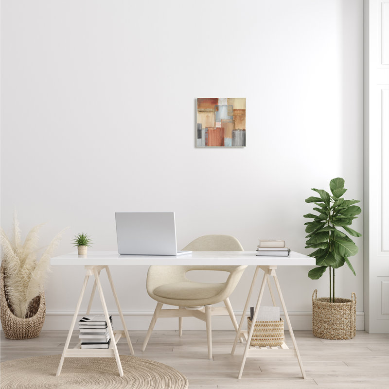«Layered Patchwork Abstraction Neutral Brown Grey» par Nan - Peinture, H 12 po x l 12 po, Plaque murale