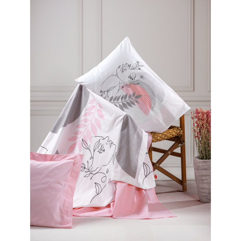 Ensemble de housse de couette 100% coton rose / blanc / gris 4 pièces