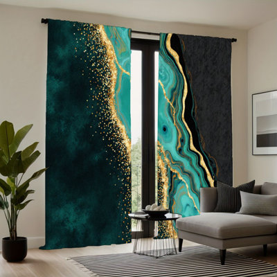 2Pcs rideaux en marbre vert émeraude noir et or, passe-tringle soleil bloquant, style abstrait, toutes saisons pour le salon