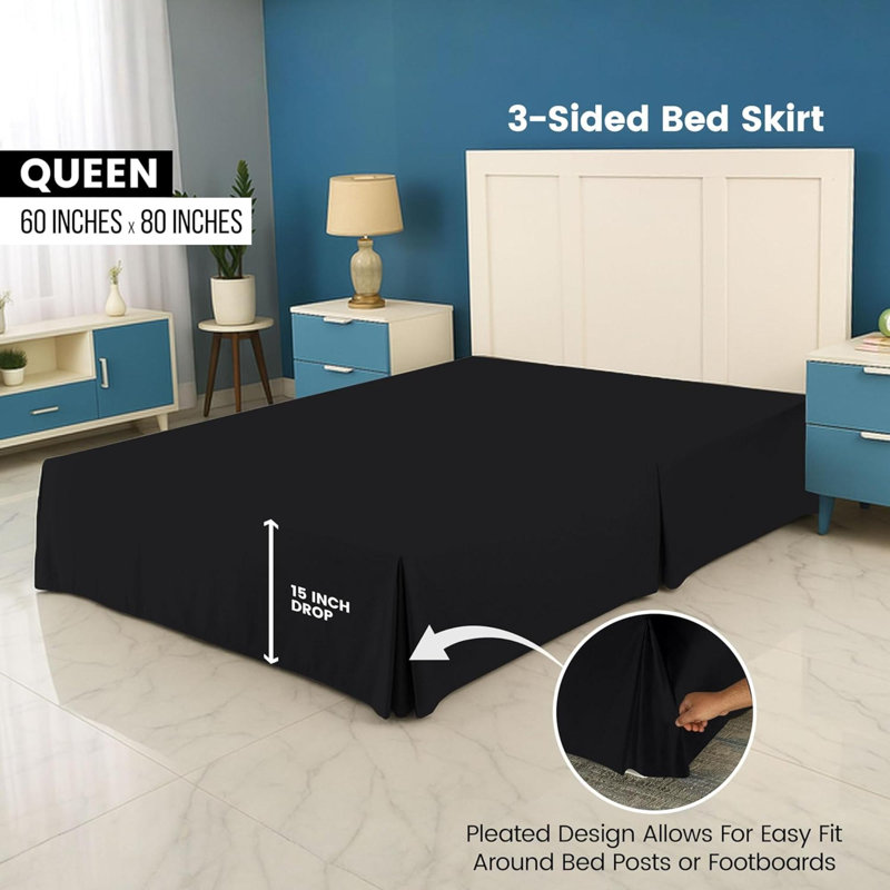 Jupe de lit grand à 3 côtés avec chute sur mesure, 100% microfibre, qualité hôtel, solide, Noir