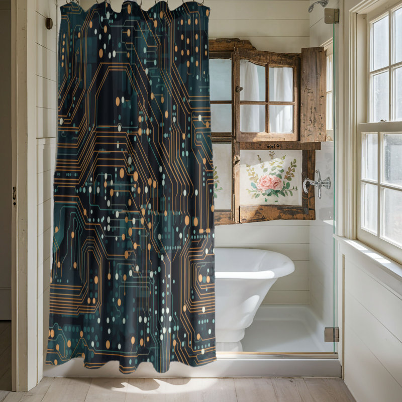 Circuitry - Rideau de douche Premium, H 74 po x l 71 po, Bleu sarcelle/bleu, Montage des circuits
