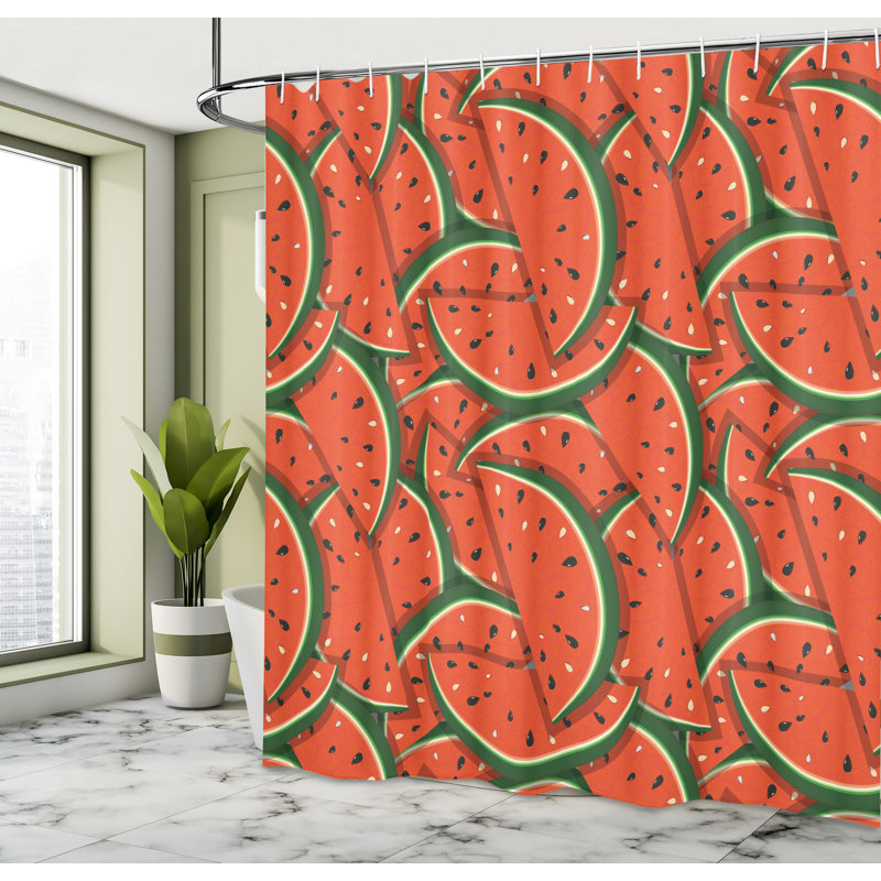 East Urban Home Fruits Shower Curtain Yummy Watermelon Slice Print Hunter Green Red, 70"H x 69"W