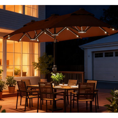 Spacious Double-sided Outdoor Patio Umbrella with Solar Lights, Tilt Function, and Stable Base for Enhanced Shade and Nighttime Illumination