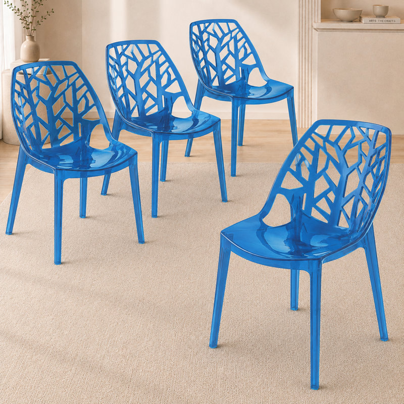 Chaise de salle à manger empilable légère pour l'intérieur et l'extérieur Edgington, Bleu transparent, Ensemble de 4