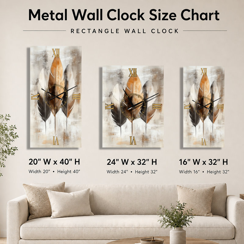 Horloge murale décorative bohème Boho Free Spirit Feathers I - Imprimée sur métal, H 32 po x l 24 po - Rectangle