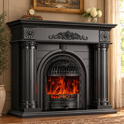 52" Electric Fireplace with Mantel, Solid Wood Fireplace TV Stand with Heater