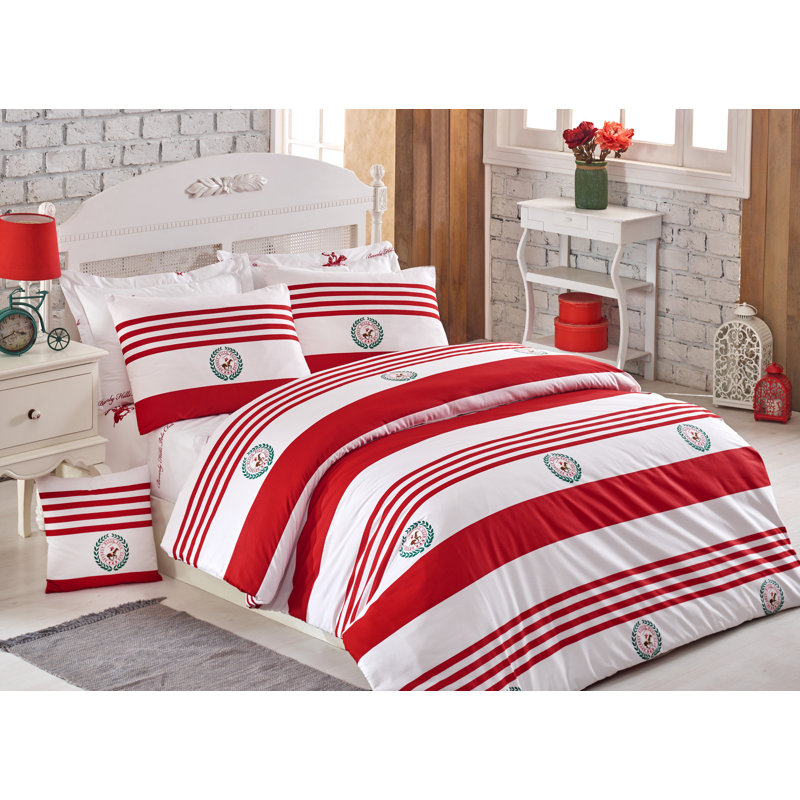Ensemble de housse de couette en coton, Rouge/blanc/vert, Housse de couette très grand + 2 taies d'oreiller