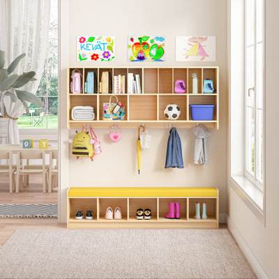 Wall-Mounted Classroom Storage Cabinet with Bench, 15-Compartment Storage Cabinet with Storage Seat