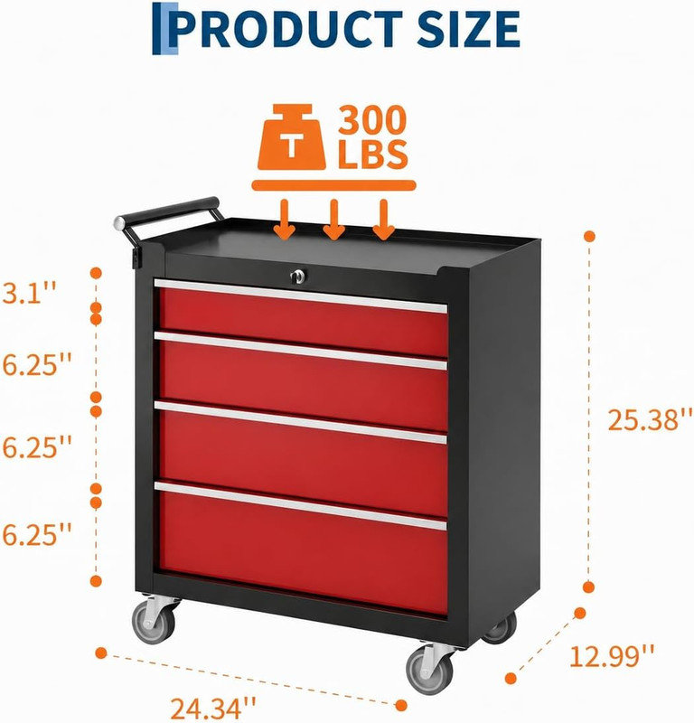 Coffre à outils roulant 4 tiroirs, armoire de rangement portable avec serrures et tiroirs, boîte à outils avec roulettes pour garage