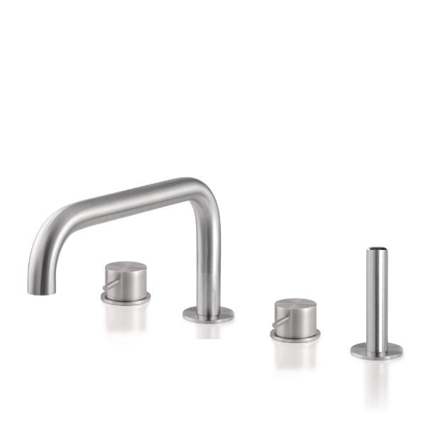 Acquaco Linki Loop Deck Mount Four-Hole Two Handle Bathtub Faucet with Hand Shower, Polished Rose Gold PVD