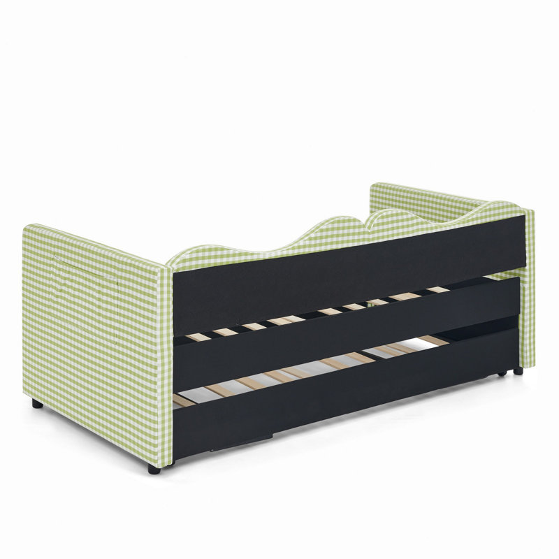Lit de jour simple, lit de jour rembourré en vichy équipé d'un cadre gigogne escamotable et d'une poche de rangement latérale, canapé-lit multifonctionnel en bois massif pour chambre d'enfant et chambre d'amis - vert