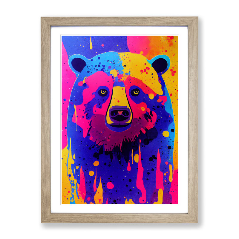 Colourful Bear No.2 - Wall Art, 48cm H x 36cm W, Oak Framed, White