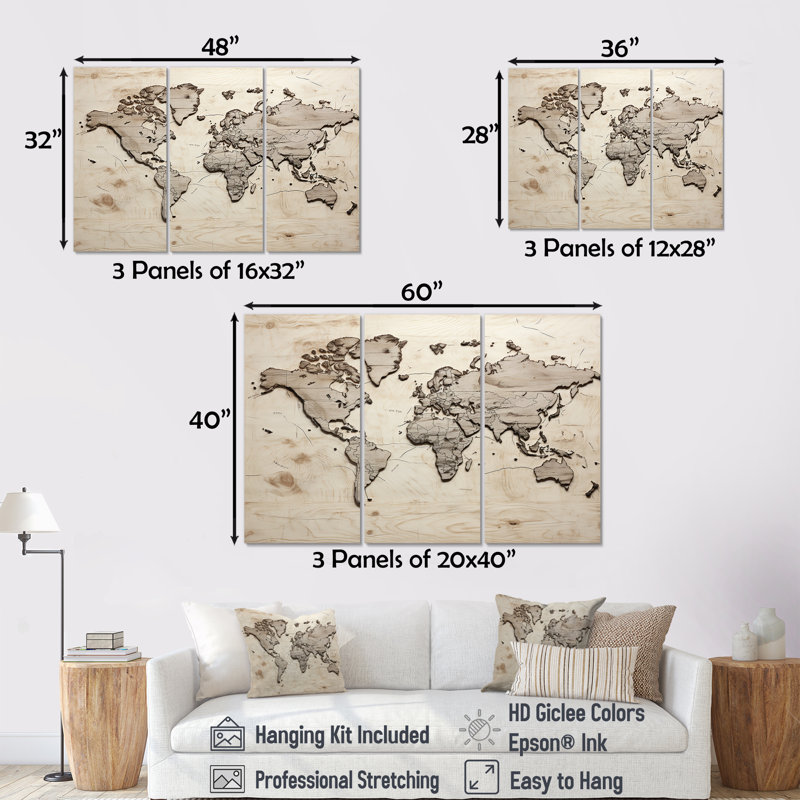 Rustic Route World Map - ensemble d'art sur toile carte du monde, Toile tendue, H 32 po x l 48 po x P 1 po