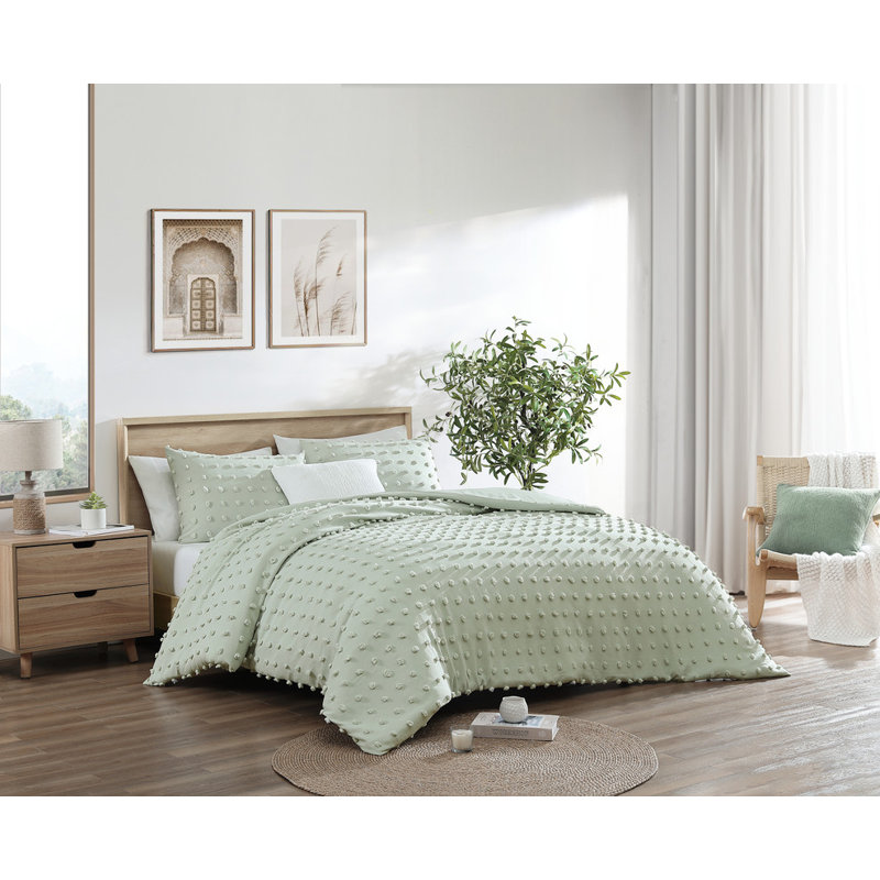Pom Pom Jaquard Microfiber 3-Piece Comforter Set, Full / Double Comforter + 2 Standard Pillowcases, Sage