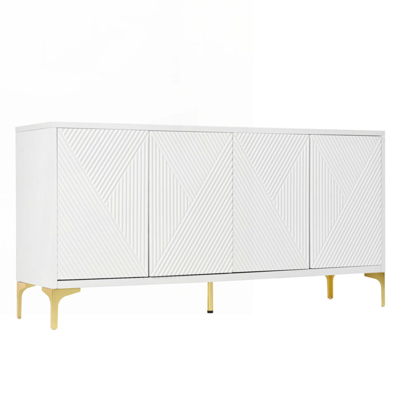 Wood Console Table with  Carved 4-door Sideboard,Adjustable Shelves, White