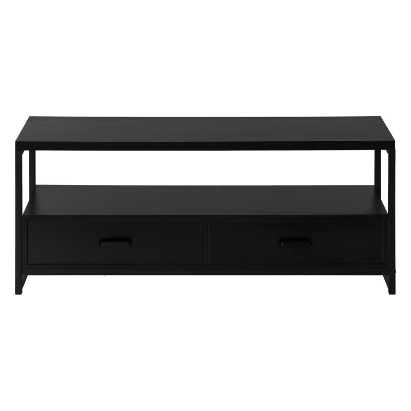Meuble télé moderne avec cadre en métal, tablettes ouvertes et tiroirs de rangement pour le salon ou la chambre à coucher