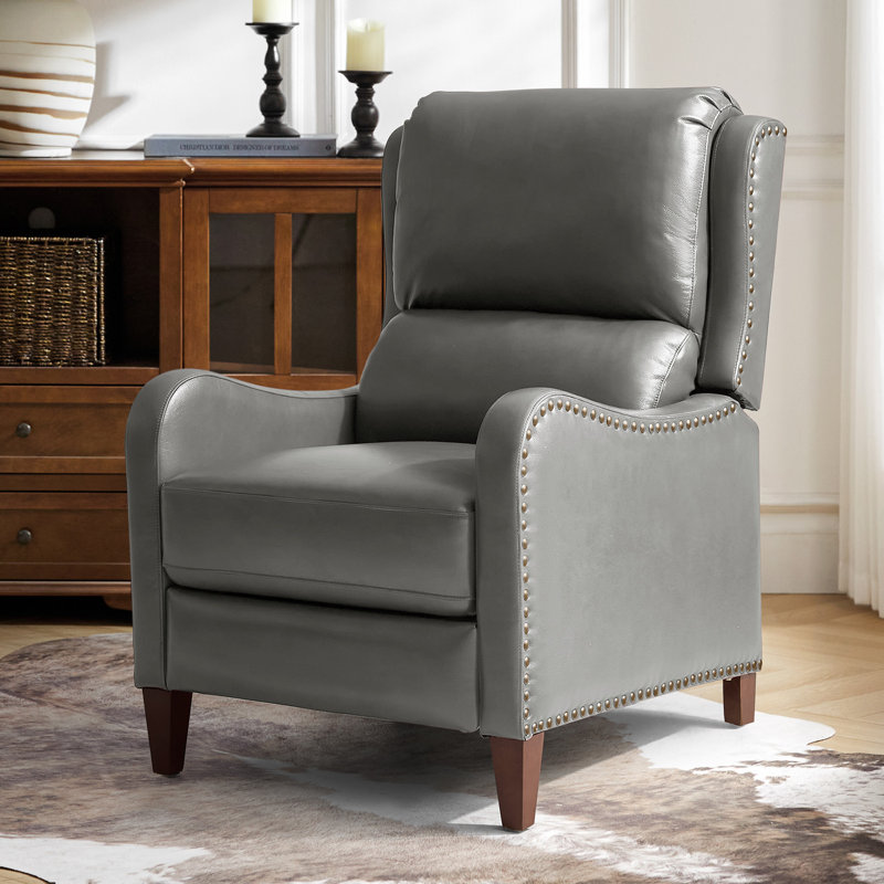 Fauteuil inclinable manuel en cuir véritable avec pattes en bois massif Beecher Traditional, Colombe