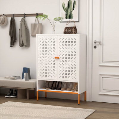Grid Shoe Cabinet With Dual - Opening Doors, 15Cm Proof Foot, Three Adjustable Compartments, Powder Coated Metal For Primary Living