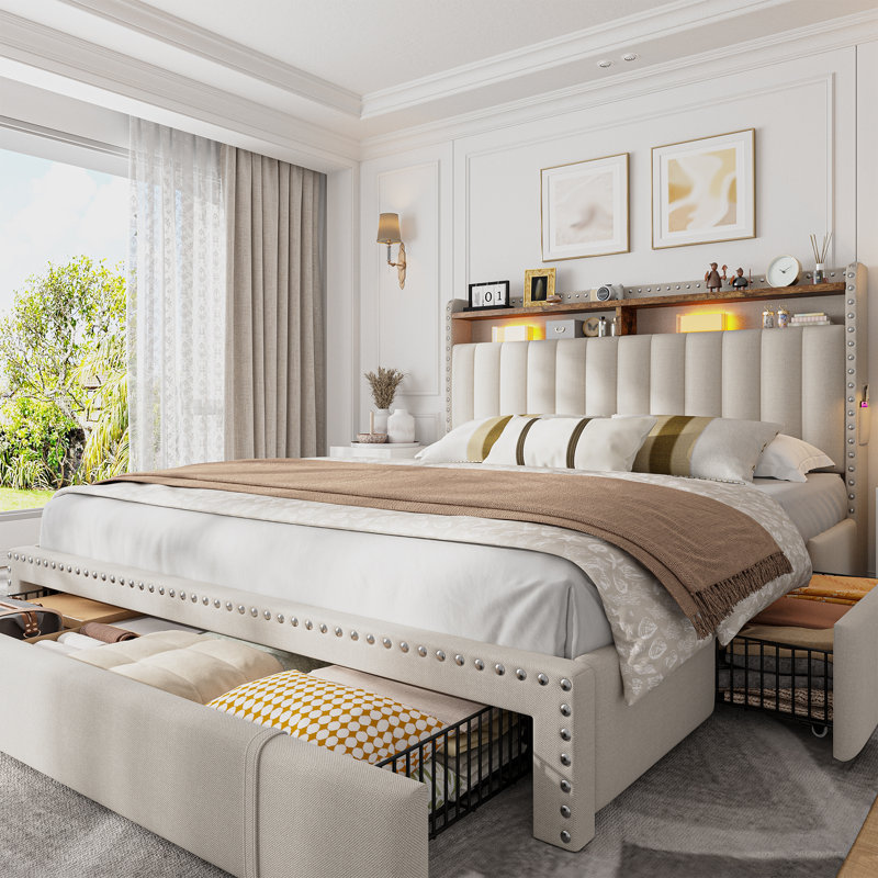 Upholstered Storage Bed Frame with 3 Drawers and 2-Tier Shelf Headboard,No-Noise, Queen, Beige