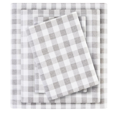 4 Pcs King Sheet With Gray Herringbone Check Print 100% Cotton Flannel Cozy Soft Flat Fitted Sheets And 2 Pillowcases - For Safe Sleep Assurance