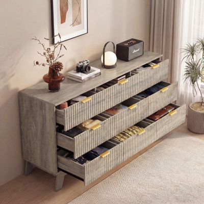 Fluted 9-Drawer Dresser 57''W Wood Wide Chest Of Drawers With Metal Handle, Adjustable Feet