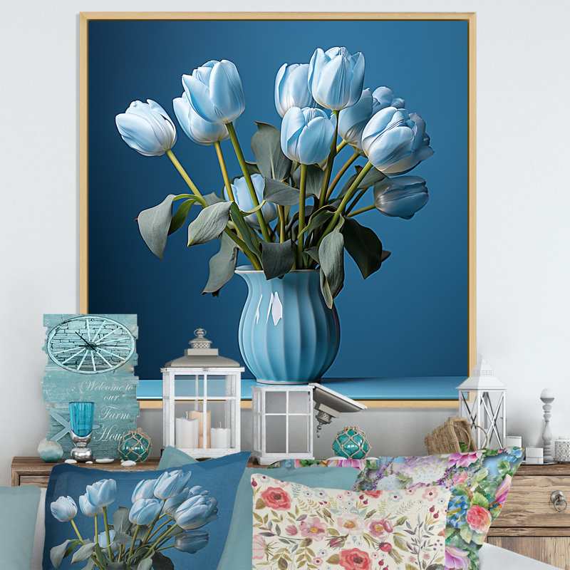 " Azure Blue Tulips Bloom II ", Natural Floater Framed, 36" H x 36" W