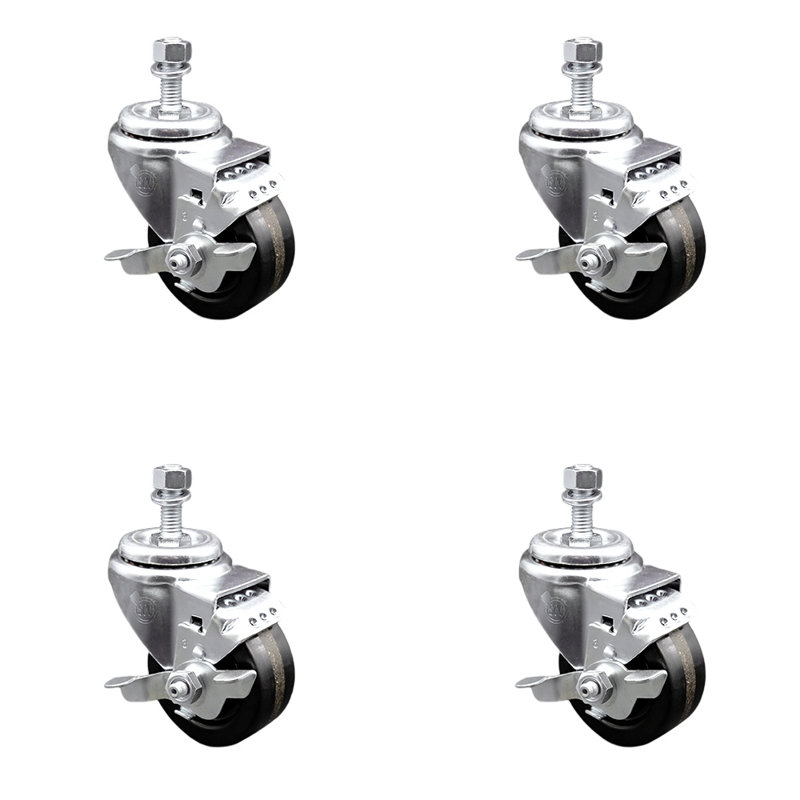 Ensemble de roulettes à tige filetée pivotante de 3,5 pouces de 12 mm avec frein SCC