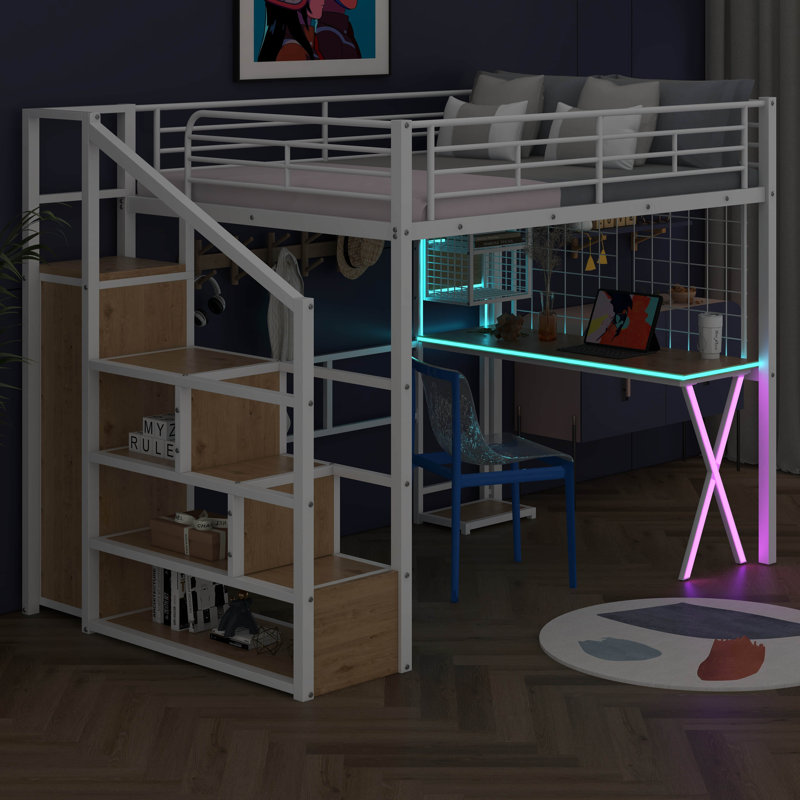 Metal Loft Bed With Built-In Desk Work Station, Wardrobe, Storage Staircase And LED, Gaming Bed For For Kids Teens Adults