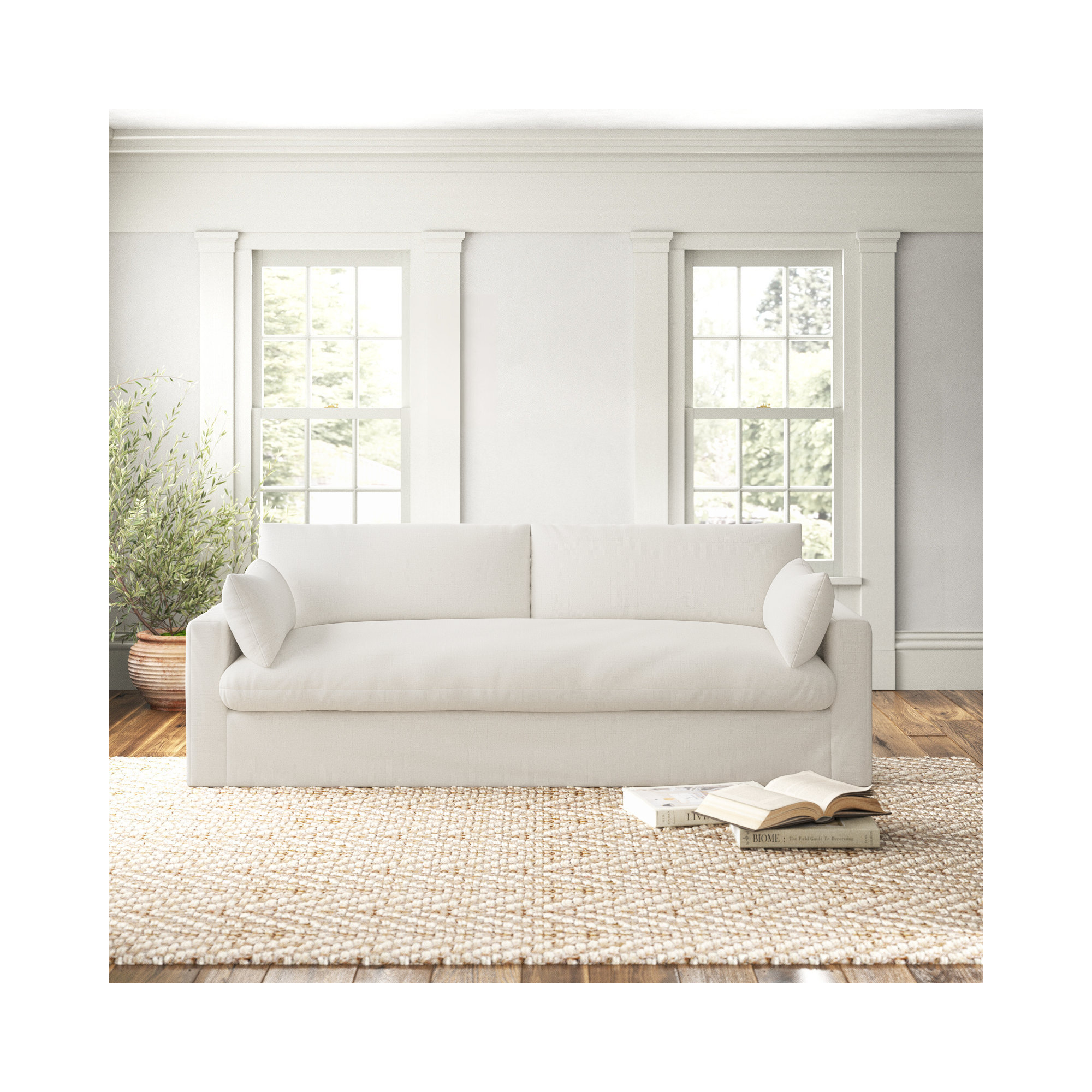 Luna 90'' Upholstered Sofa, Lena Off White Performance Linen Blend