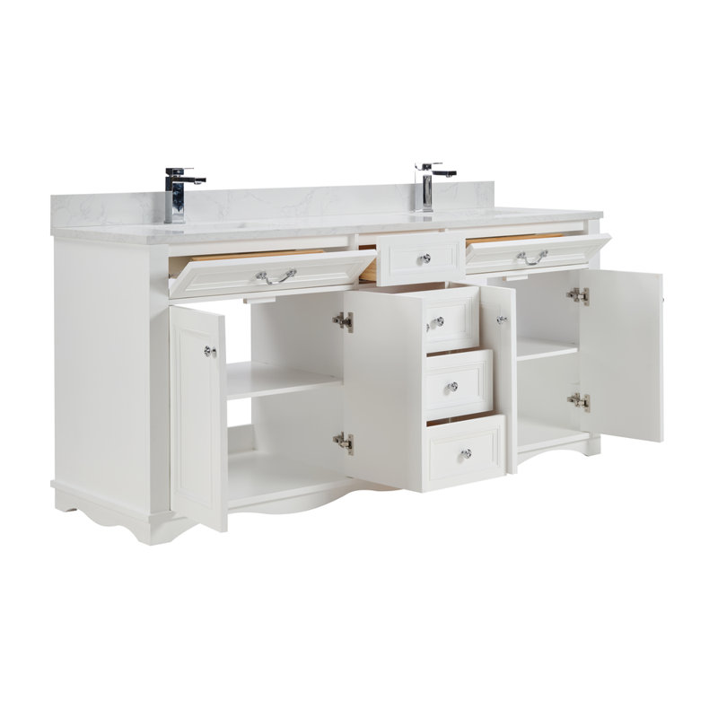 72" Solid Wood Sink Vanity  With 1' Artificial Stone Top, White