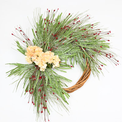 Couronne de fleurs artificielle 24 po Frozon Herbe de baies rouges hortensia pour porte d'entrée décorations de Noël