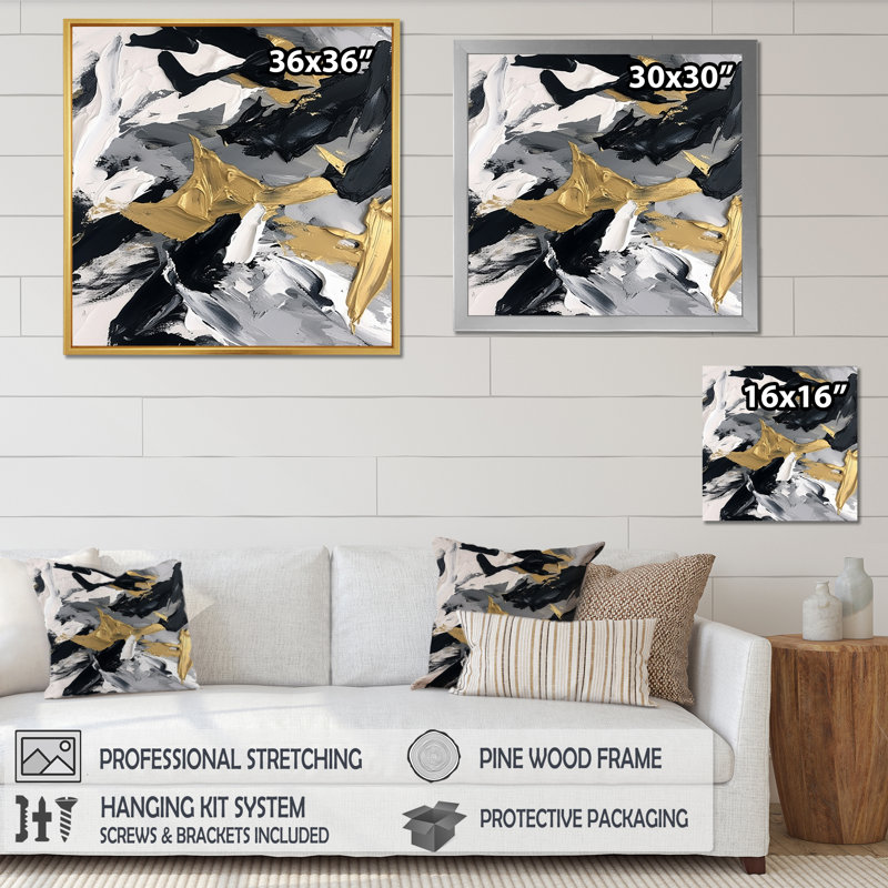 «Waves Of Midnight Passion Abstract Black & Gold I», reproduction d'art sur toile, H 36 po x l 36 po, Cadre flottant noir