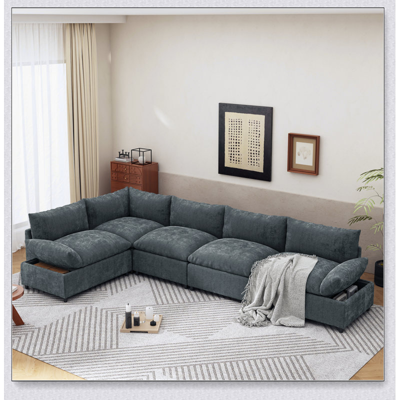 Canapé modulaire gris foncé de 115,5 po avec revêtement en polyester durable, coussins moelleux, compartiments de rangement dissimulés et conception polyvalente pour le salon, le salon ou le bureau