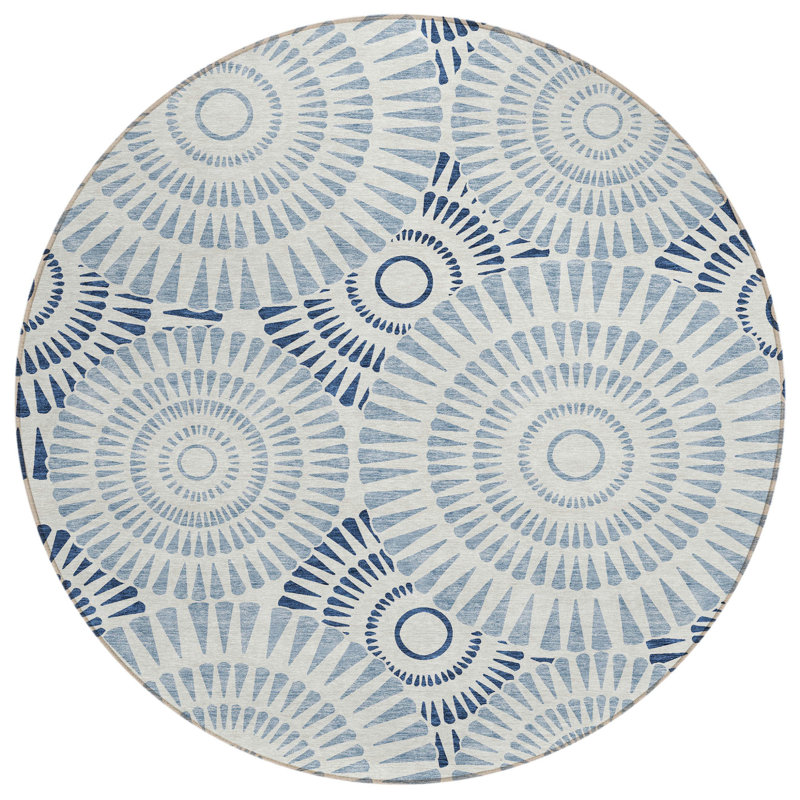 Tapis d'intérieur rond lavable géométrique 8 pi bleu et ivoire