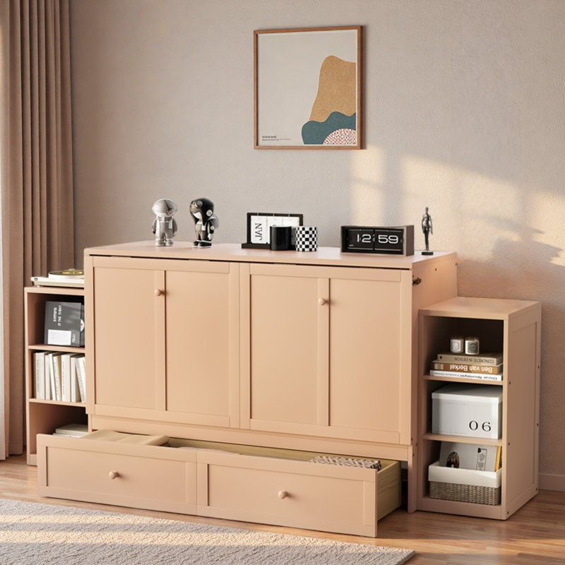Lit escamotable avec tiroirs de rangement spacieux et tablettes ouvertes, Doré