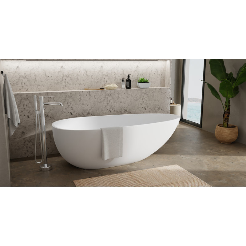 Badeloft 72.8" x 32.7" Freestanding Soaking Stone Resin Bathtub with Overflow and Drain BW-01-XL-M in Matte White