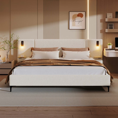Lit rembourré sophistiqué Boucle avec lampes de lecture intégrées et étagères pour une chambre à coucher confortable, pratique et élégante