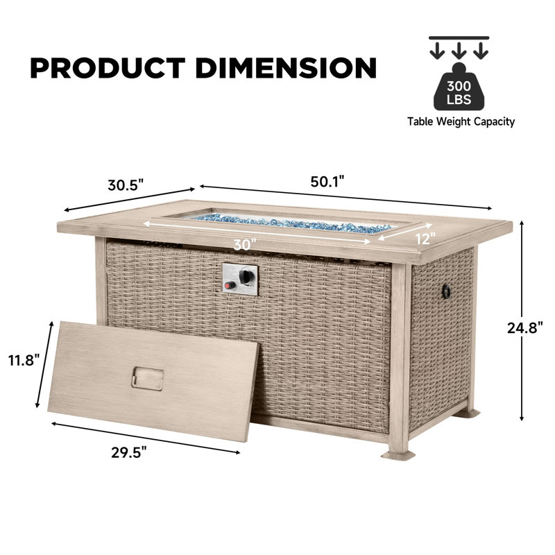 Table de foyer d'extérieur au gaz propane, Beige, H 24,8 po x l 50,1 po x P 30,5 po